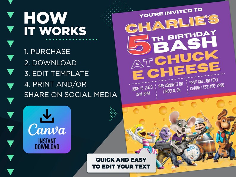 Chuck E Cheese Digital Birthday Invitation Digital Template Etsy