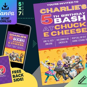 Op de afbeelding: Een paarse en gele verjaardagsuitnodiging voor een 5e verjaardagsfeestje bij Chuck E. Cheese. De uitnodiging bevat een cartoonafbeelding van de Chuck E. Cheese-band die muziek maakt. De tekst op de uitnodiging luidt: "Je bent uitgenodigd voor Charlie's 5e verjaardagsfeestje bij Chuck E. Cheese".