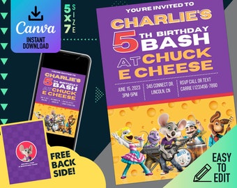 Convite do aniversário de Digitas do queijo de Chuck E de <br> Entrega Rápida? Modelo digital | Modelo Chuck-E-Queijo | Convite de aniversario