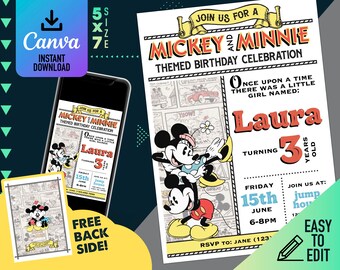 Invitación de cumpleaños digital de Mickey Minnie Mouse / Plantilla digital / Plantilla de Mickey y Minnie / Invitación de cumpleaños