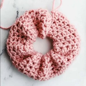May include: A pink crocheted hair scrunchie with a brown crochet hook and a silver needle.