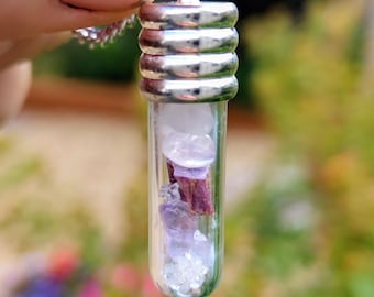 IMPERFECTS - Crystal Elixir Vial - Soul Seat - Amethyst Stictite Rose Quartz Herkimer Quartz - pendant, pendulum, grid, keepsake, talisman.