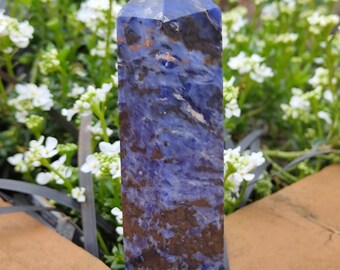 SODALITE SUNSTONE TOWER A138 Blue orange crystal polished standing point.