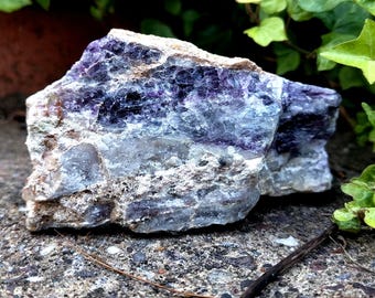 PURPLE FLUORITE P91 natural raw purple green crystal sandwiched between rock matrix
