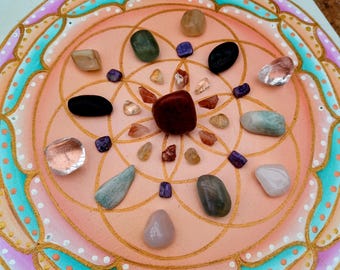 CRYSTAL GRID SET S79;Rainbow Chakra Balance - Jasper, Citrine, Calcite, Amazonite, Fluorite etc - Mandala Meditation Altar