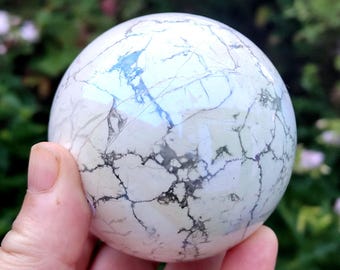 AURA HOWLITE SPHERE A113 Polished Carved Crystal Ball - aura coated to give rainbow effect