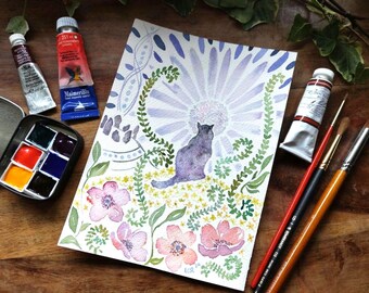 ART EXPERIMENTS - Floral Whimsical Cat Ancient Site - Original Watercolour Painting