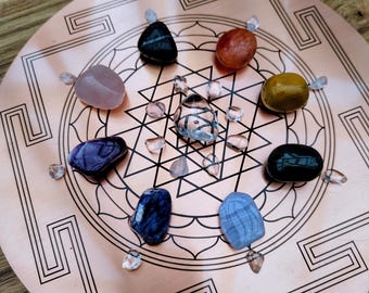CRYSTAL GRID SET S78 Rainbow Chakra Balance - Obsidian, Carnelian, Jasper, Bloodstone, Amethyst, Quartz, etc - Mandala Meditation Altar