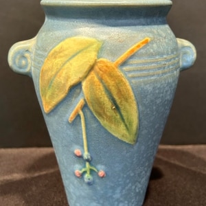 OUTSTANDING Weller Cornish 1933 Vintage ART DECO Pottery Blue Handled Vase