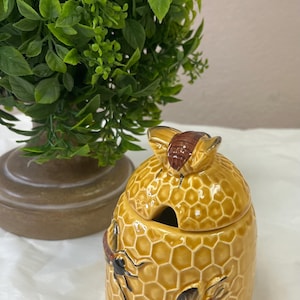 May include: A ceramic honey pot with a honeycomb design and bee accents. The pot is yellow with brown and black details. A green plant is in the background.