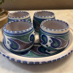 Antique Poole Pottery Egg Cups and Serving Plate, Art Deco Teal Cobalt Purple