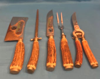Vintage Solingen Rostrei Carving Knife Set, Stag Handles