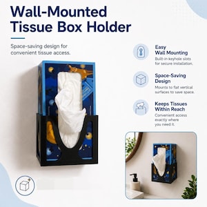 May include: A wall-mounted tissue box holder with a black frame. The tissue box has a blue and yellow design. The text on the image reads "Wall-Mounted Tissue Box Holder" and "Space-saving design for convenient tissue access."