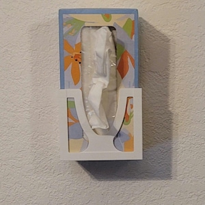 May include: A white tissue box holder mounted on a textured wall. The tissue box has a floral design with orange and yellow flowers on a blue background. White tissues are visible.