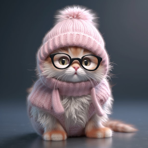 Joli chaton avec des lunettes, un chapeau rose et un chat avec des