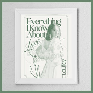 A green and white poster of Laufey. A singer songwriter. It includes her album. Everything I know about love. It has a minimalist aesthetic with an illustration of a flower. Her name is printed next to her in a modern font. It is a digital download.