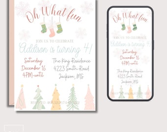 Christmas Birthday Invitation, Oh What Fun! Christmas Birthday Invitation, Christmas Mobile Invitation, Christmas Party Template