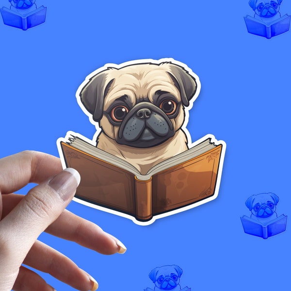 Pug Reading A Book Sticker, Funny Laptop Stickers, Funny Sticker, Laptop Decal, Pug Sticker For Tumbler, Dog Mom Gift