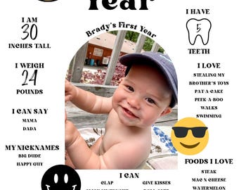 Un tipo feliz / Hitos / Un año feliz / Primer cumpleaños / Negro y amarillo / Cara sonriente / A cuadros / Fiesta de cumpleaños / Editable