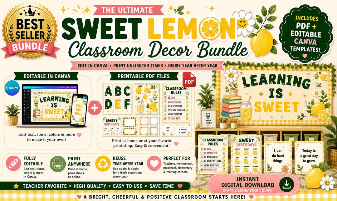 Editable Lemon Classroom Decor Bundle | Canva, PDF, Bulletin Board Kit ...