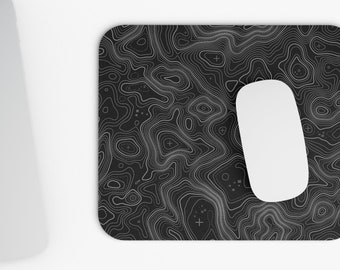 Topography Print Black Mouse Pad 9" x 8", Topograph Mountain Gaming Desk Mat