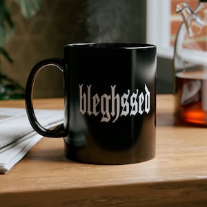 BLEGHSSED 11 oz. 15 oz. Black Mug, Left-handed Right-handed Mug, Heavy Metal Coffee Gift