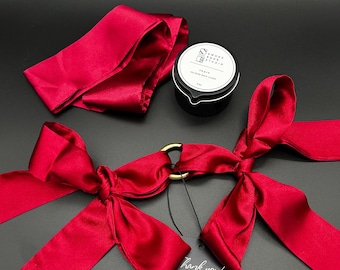 The Sensory Collection: Satin Restraints Ties and Matching Blindfold Bundle, Body Balm Massage Candle, Sensory Play Adult Spicy Gift