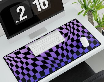 Purple Wavy Checkered Desk Mouse Computer Laptop Mat (3 sizes); aesthetic checker board desk decor; office