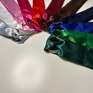 Puede incluir: Un conjunto de 10 serpentinas de cinta de sat&eacute;n en varios colores, incluyendo blanco, rosa, rojo, burdeos, marr&oacute;n, azul marino, azul real, verde y verde azulado. Cada cinta tiene un anillo dorado en el extremo.