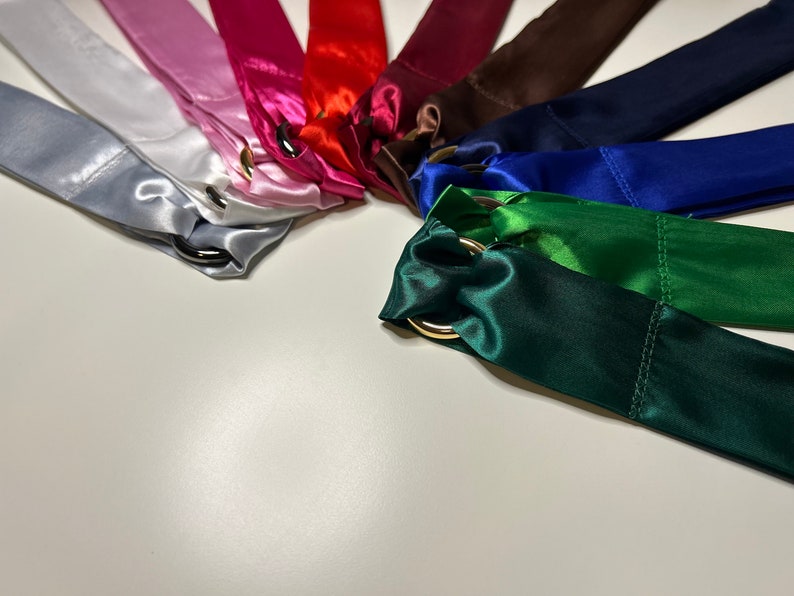Puede incluir: Un conjunto de 10 serpentinas de cinta de sat&eacute;n en varios colores, incluyendo blanco, rosa, rojo, burdeos, marr&oacute;n, azul marino, azul real, verde y verde azulado. Cada cinta tiene un anillo dorado en el extremo.