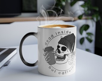 Dead Inside but Caffeinated Color Changing Mug 11oz, Funny Coffee Gift, Heavy Metal Goth Punk Emo Skeleton Beanie Cup, Temperature Sensitive
