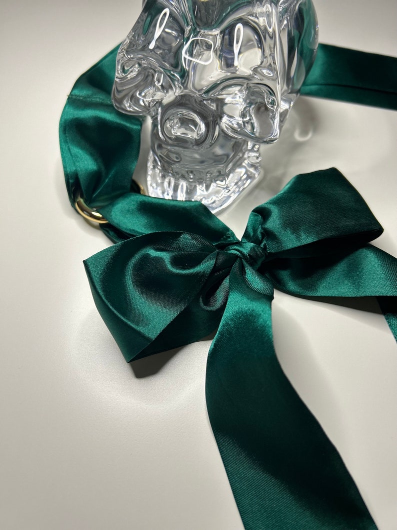 Puede incluir: Una cinta de sat&eacute;n verde oscuro atada en un lazo con un dije de calavera de cristal.