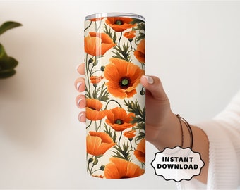 CALIFORNIA POPPIES | 20oz Skinny Floral Tumbler Wrap, Skinny Tumbler Template, Orange Sublimation Design Wrap PNG Download