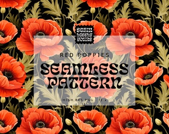 Red Poppies Wildflower Seamless Pattern for Fabric, Stationary Paper, Floral Digital Papers, Wall Art, Instant Download PNG