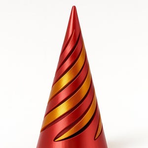 May include: A red and gold cone-shaped decorative object. The cone has a spiral design with alternating red and gold stripes. The object is metallic and has a glossy finish, with a pointed top and a wide base.