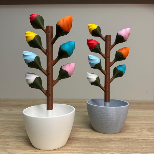 Pilulier fleuri – Boîte à médicaments hebdomadaire imprimée en 3D avec fleurs magnétiques