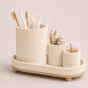 Ensemble d'organisation pour salle de bain | Porte-brosse à dents côtelé et plateau de rangement | Porte-cotons-tiges | Décoration de salle de bain moderne