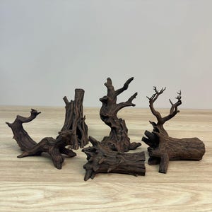 Può includere: Cinque pezzi di legno di deriva marrone scuro di varie forme e dimensioni. I pezzi hanno un aspetto naturale e invecchiato, con trame intricate e strutture ramificate. Ideale per l'arredamento di acquari o progetti artigianali.