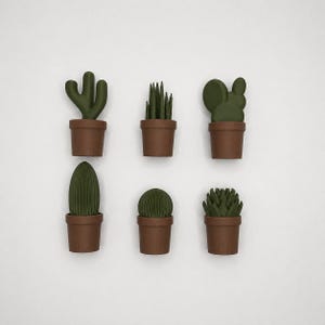 Op de afbeelding: Zes kleine, decoratieve cactussen in potten in verschillende vormen en maten. De cactussen zijn diepgroen en staan in bruine potten in terracotta-stijl. De opstelling staat tegen een effen witte achtergrond, wat een strakke en minimalistische esthetiek creëert.