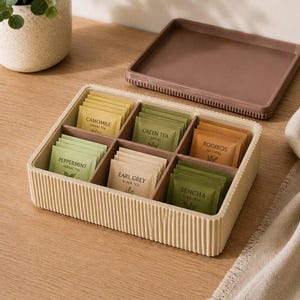 Tea Bag Organizer with Lid – 6 or 12 Compartments – 3D Printed Tea Storage Box – Custom Color – Modern Kitchen Organizer