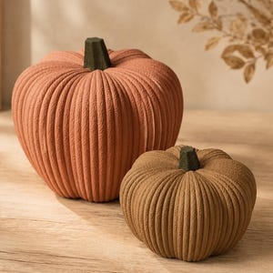 Op de afbeelding: Twee decoratieve pompoenen met een textuurrijk, geribbeld oppervlak. De grotere pompoen is gedempt terracotta oranje, terwijl de kleinere een warme bruine kleur heeft. Beide hebben een donkergroene, gefacetteerde steel aan de bovenkant.