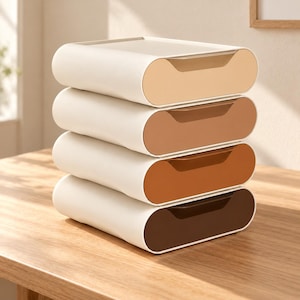 May include: A stack of four rectangular storage drawers with white outer frames. Each drawer front features a unique shade of brown, ranging from light beige at the top to dark chocolate brown at the bottom, with a curved cutout handle design.