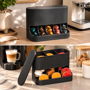 May include: A black, ribbed coffee pod storage organiser with multiple compartments. The unit features a removable lid and holds various coloured coffee capsules in organised rows, providing a functional solution for keeping coffee pods accessible.