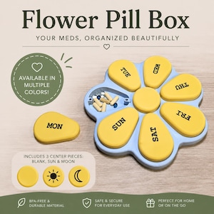 May include: A light blue flower-shaped pill box with seven yellow petal-shaped lids labelled with the days of the week. One lid is detached, revealing capsules inside. Includes three interchangeable yellow centre pieces: blank, sun, and moon icons.