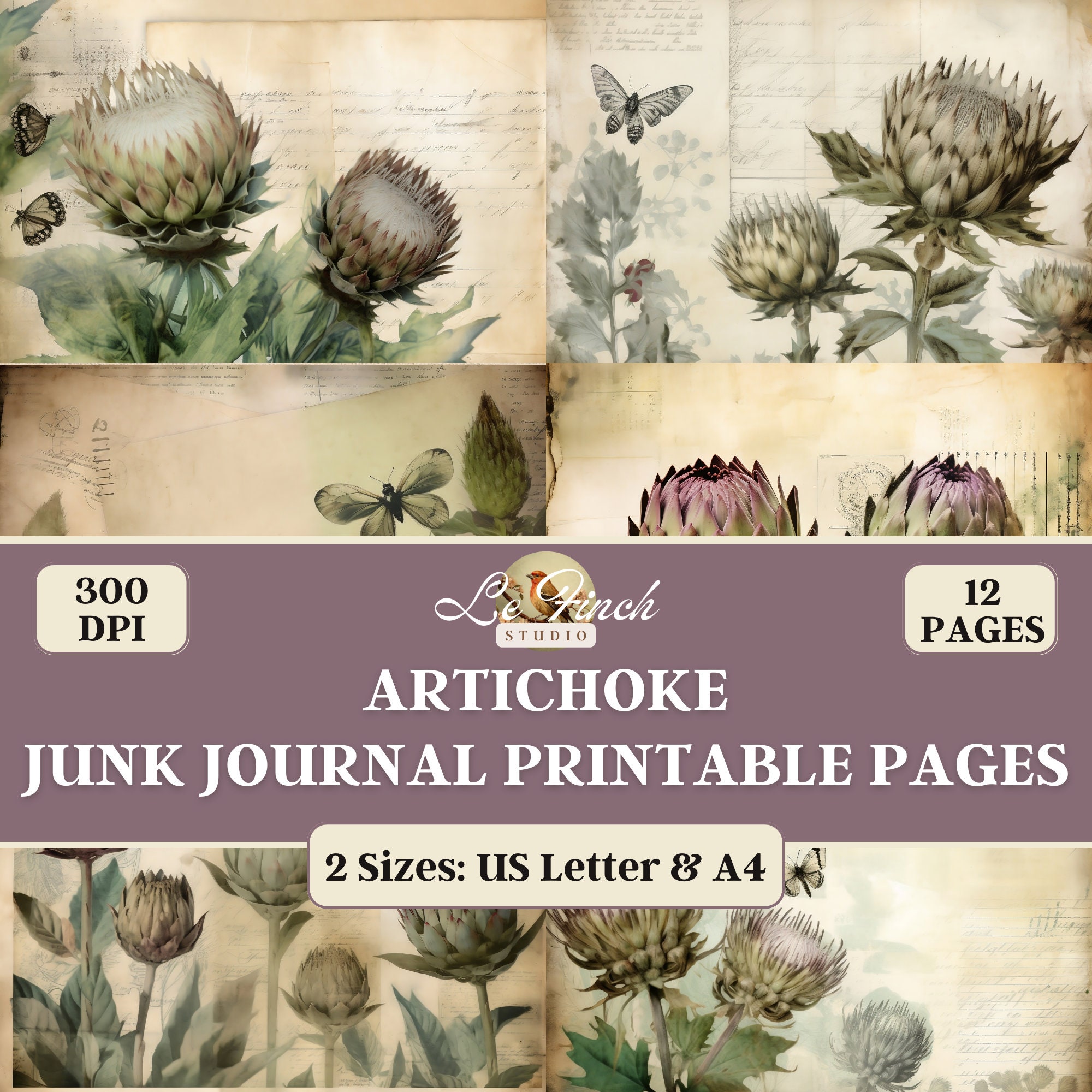 Artichoke Journal Printable Paper With Vintage Artichoke Flower Digital ...