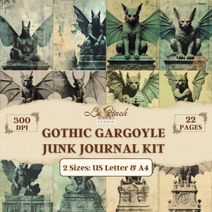 Gothic Junk Journal Kit mit Gargoyle druckbare digitale Papiere Tags und Ephemera Spooky Halloween Themen In US Letter und A4 Größen