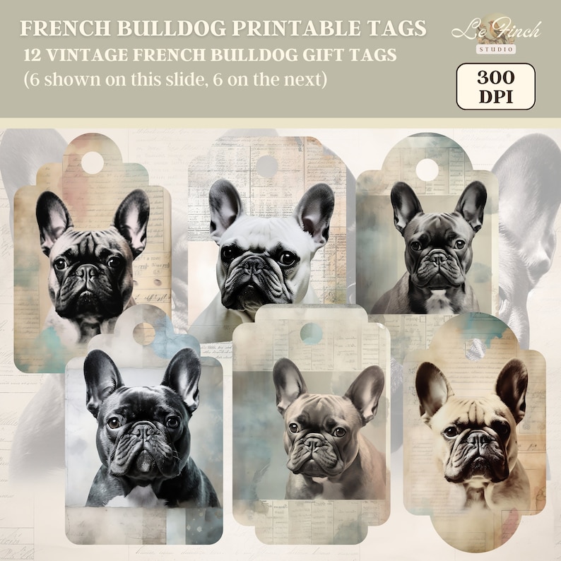 French Bulldog Printable Gift Tags for Vintage Dog Journal Junk Journal