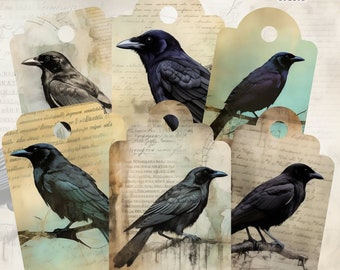 Raven Printable Gift Tags For Halloween Junk Journal Vintage Ravens Digital Gift Tags Spooky Scrapbook And Junk Journal Supplies
