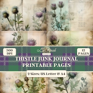 Papel imprimible Thistle Journal con papel digital vintage de cardo escocés para revistas basura botánica en tamaños carta y A4 de EE. UU.