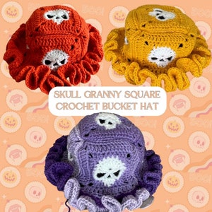 Skull Granny Square Crochet Bucket Hat |Crochet Ruffle Hat | Crochet Floppy Hat